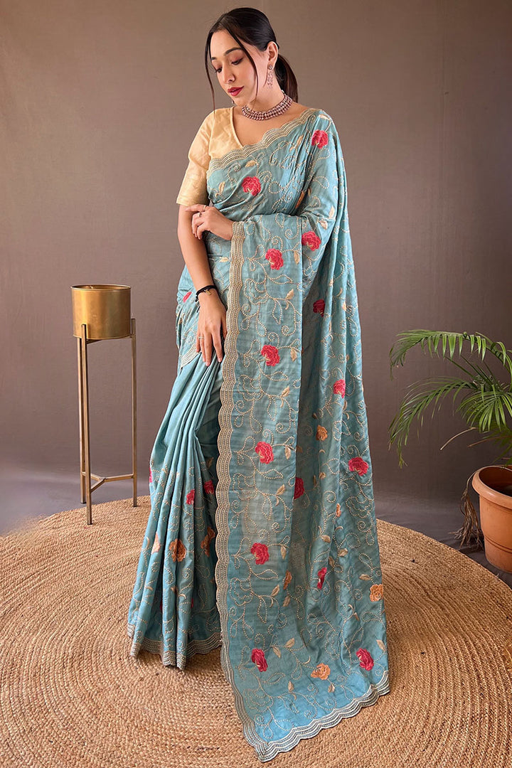 Cornflower Blue Embroidered Work Tussar Silk Saree