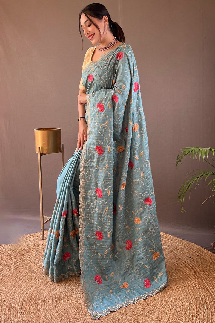 Cornflower Blue Embroidered Work Tussar Silk Saree