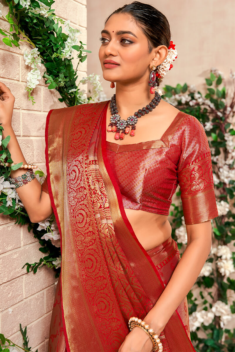 Corsa Red Zari Woven Kanjivaram Silk Saree