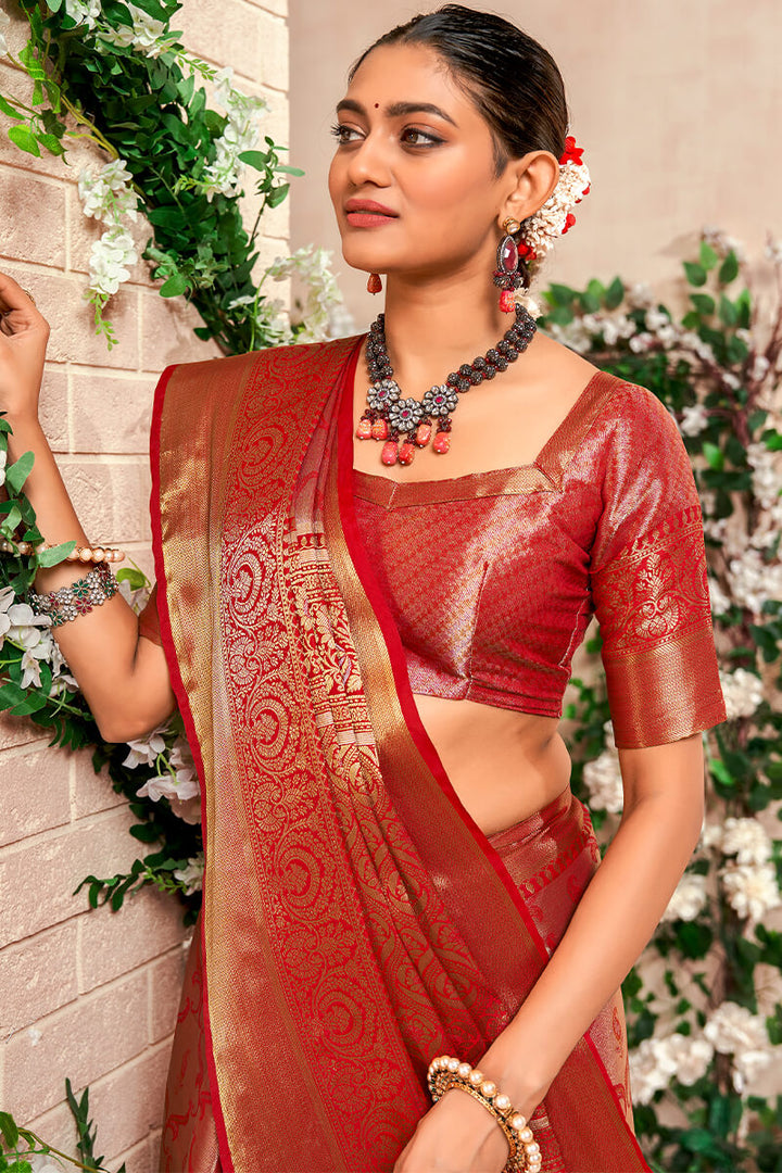 Corsa Red Zari Woven Kanjivaram Silk Saree