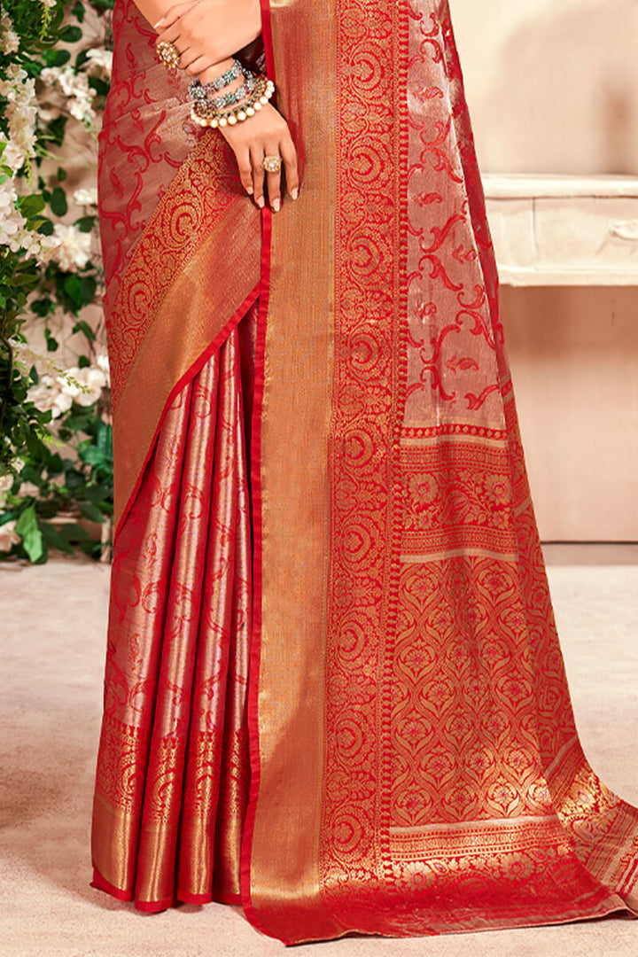 Corsa Red Zari Woven Kanjivaram Silk Saree