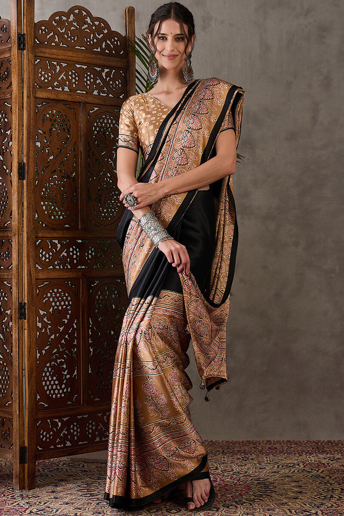 Cosmic Black Ajrakh Printed Satin Silk Saree