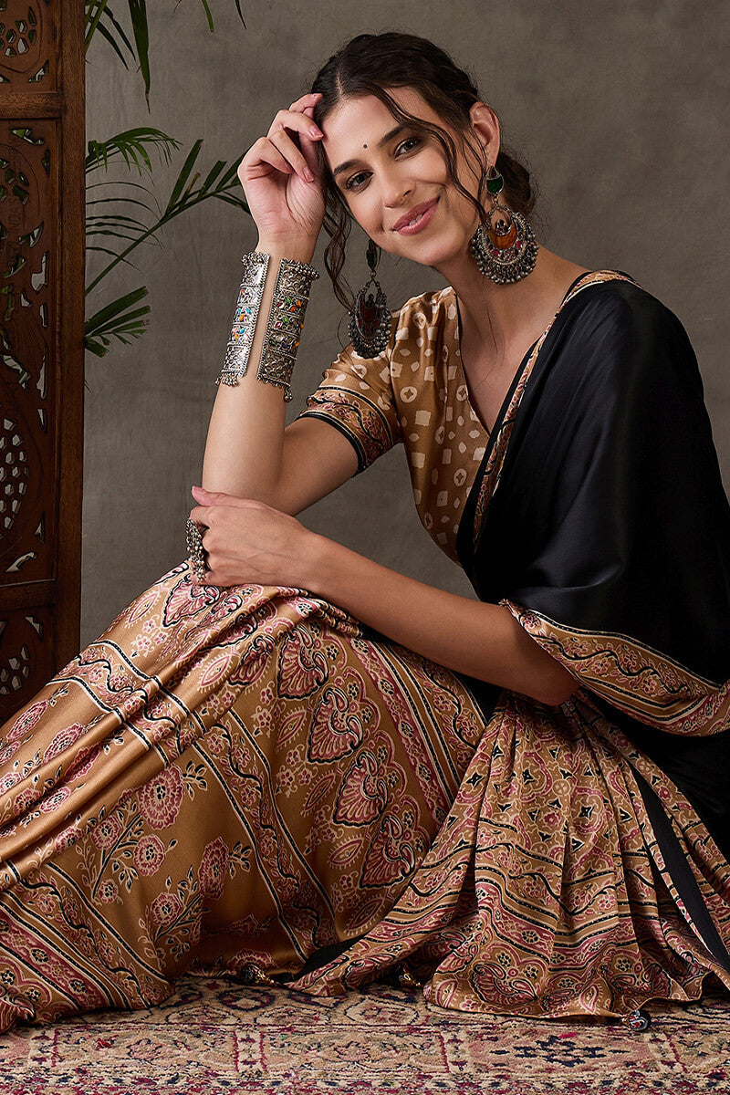 Cosmic Black Ajrakh Printed Satin Silk Saree