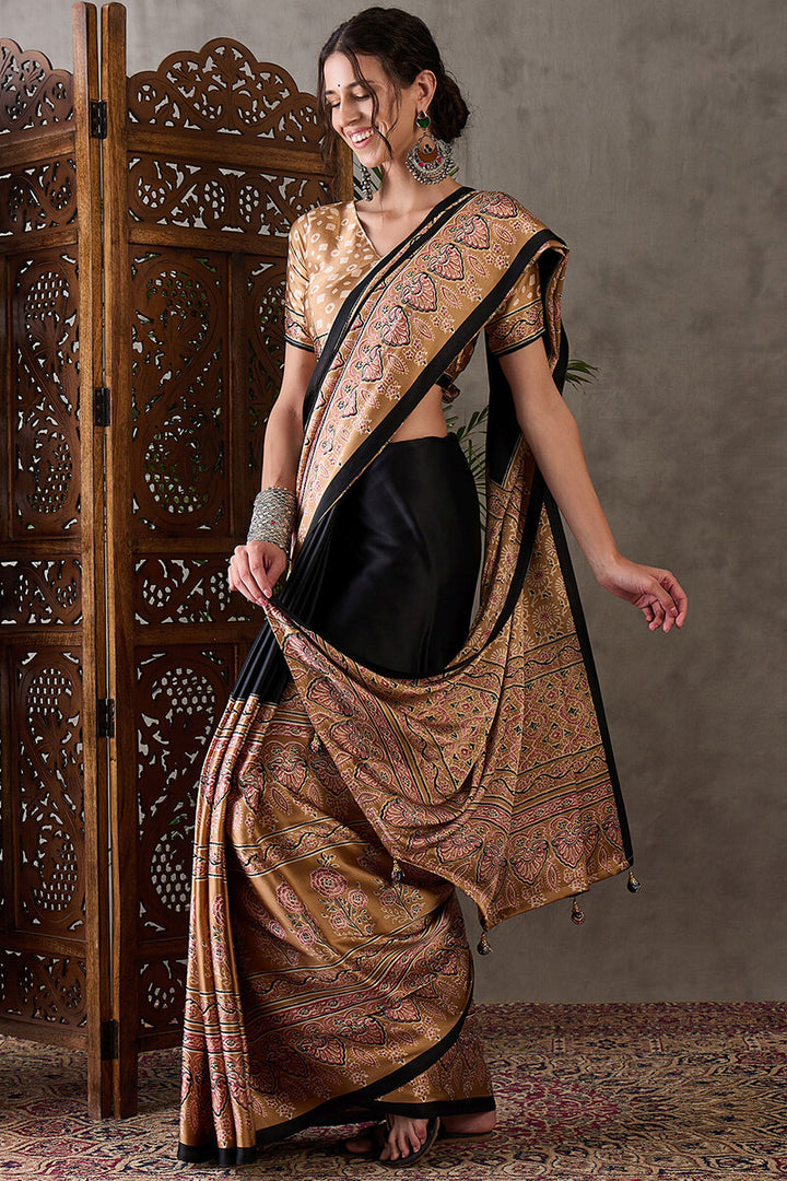 Cosmic Black Ajrakh Printed Satin Silk Saree