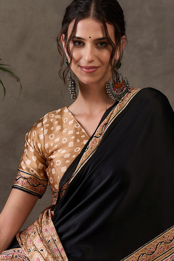 Cosmic Black Ajrakh Printed Satin Silk Saree