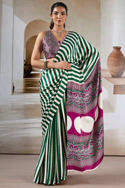 County Green Ajrakh Printed Satin Crepe Silk Saree