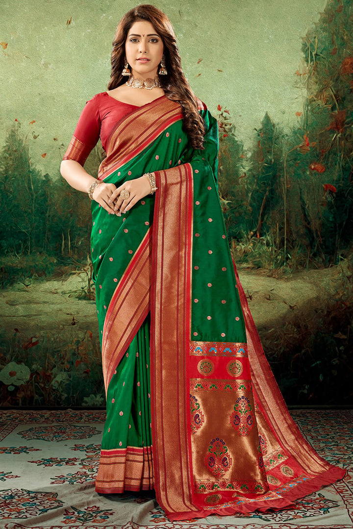 County Green Zari Woven Paithani Silk Saree