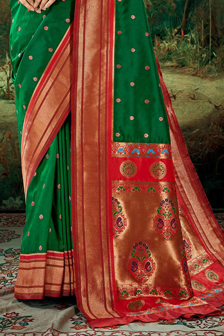 County Green Zari Woven Paithani Silk Saree