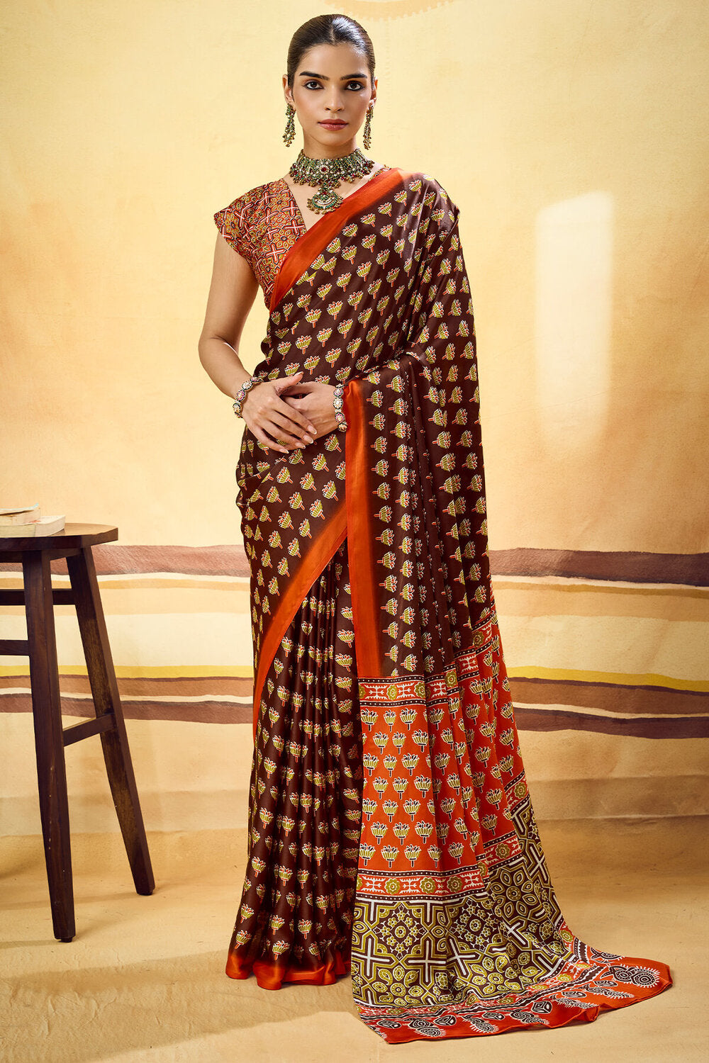 Crater Brown Ajrakh Printed Semi Modal Satin Silk Saree