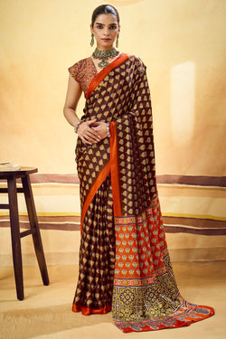 Crater Brown Ajrakh Printed Semi Modal Satin Silk Saree
