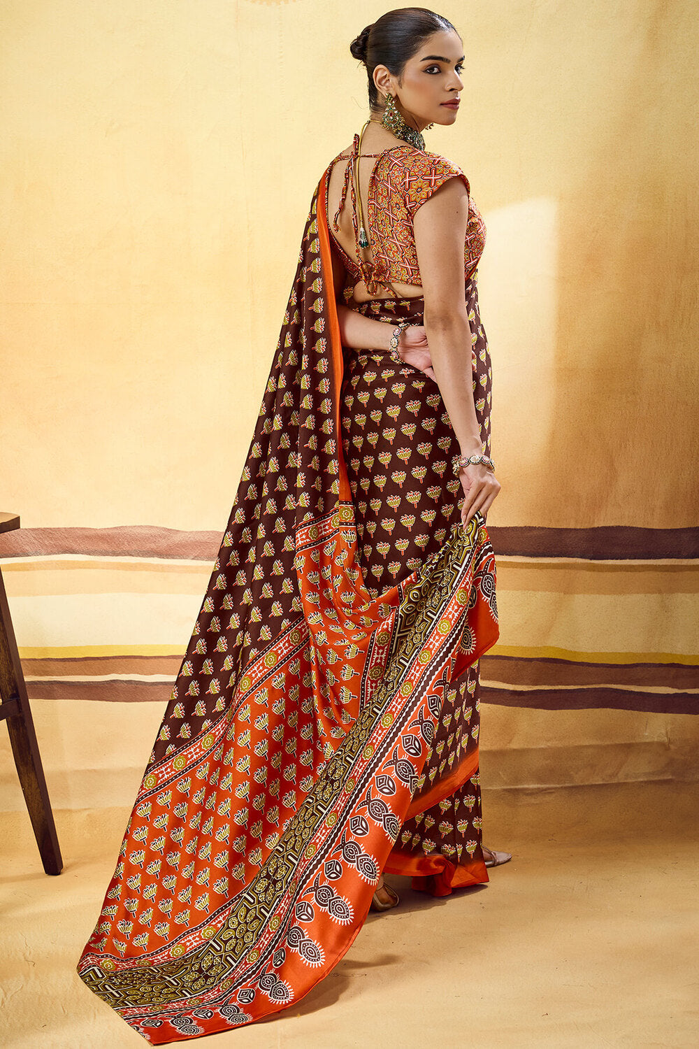 Crater Brown Ajrakh Printed Semi Modal Satin Silk Saree