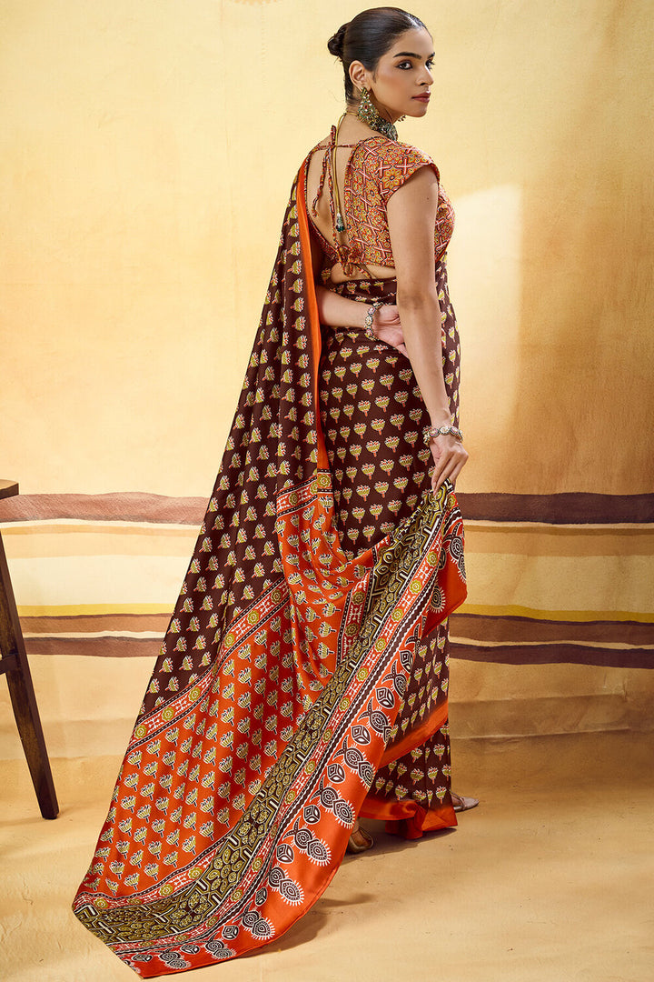 Crater Brown Ajrakh Printed Semi Modal Satin Silk Saree