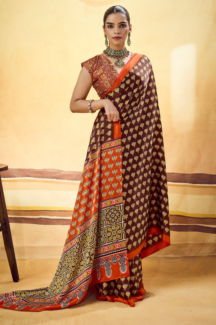 Crater Brown Ajrakh Printed Semi Modal Satin Silk Saree