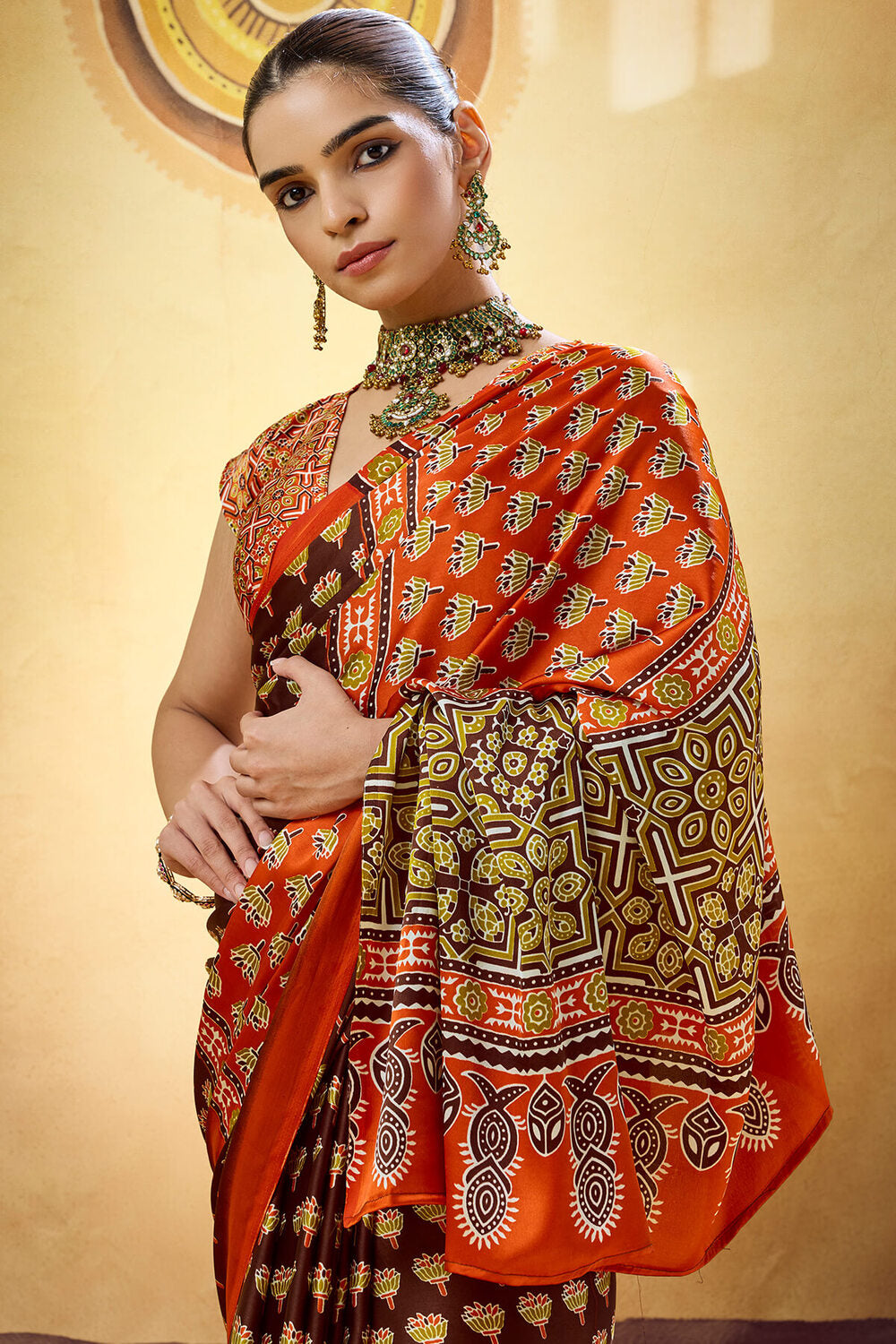 Crater Brown Ajrakh Printed Semi Modal Satin Silk Saree