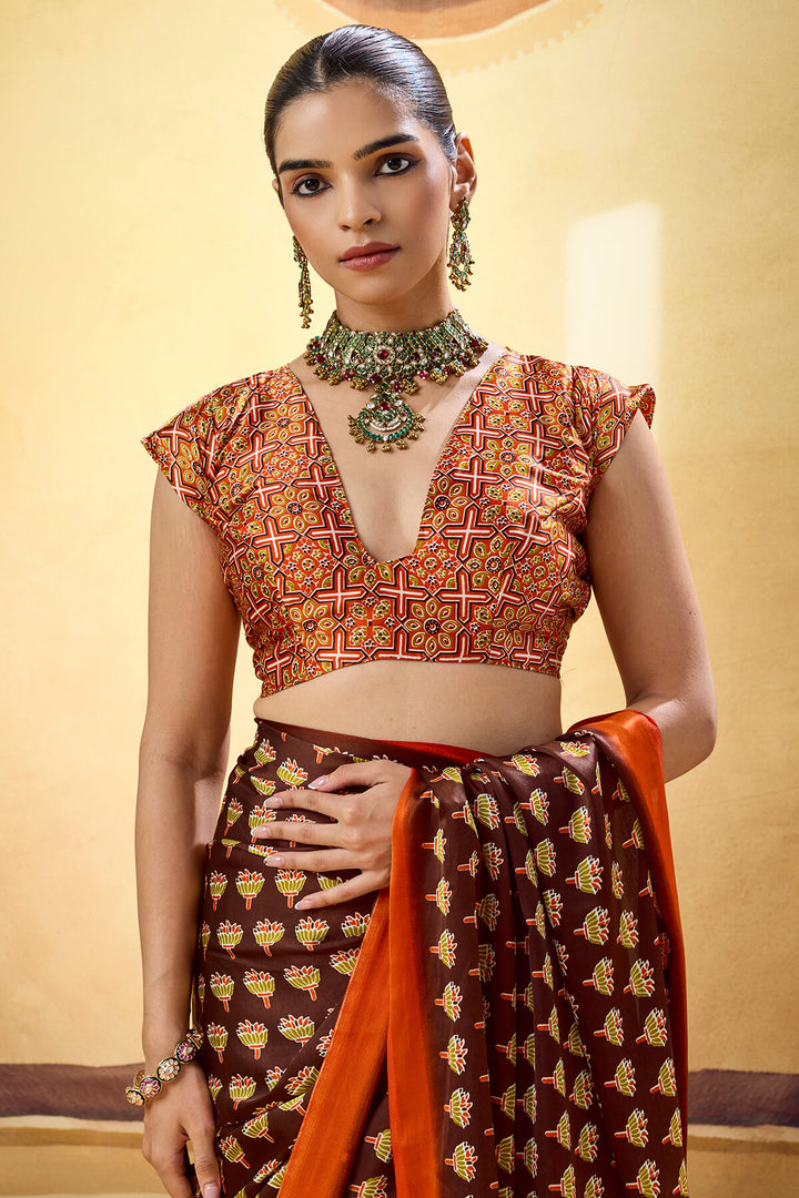 Crater Brown Ajrakh Printed Semi Modal Satin Silk Saree