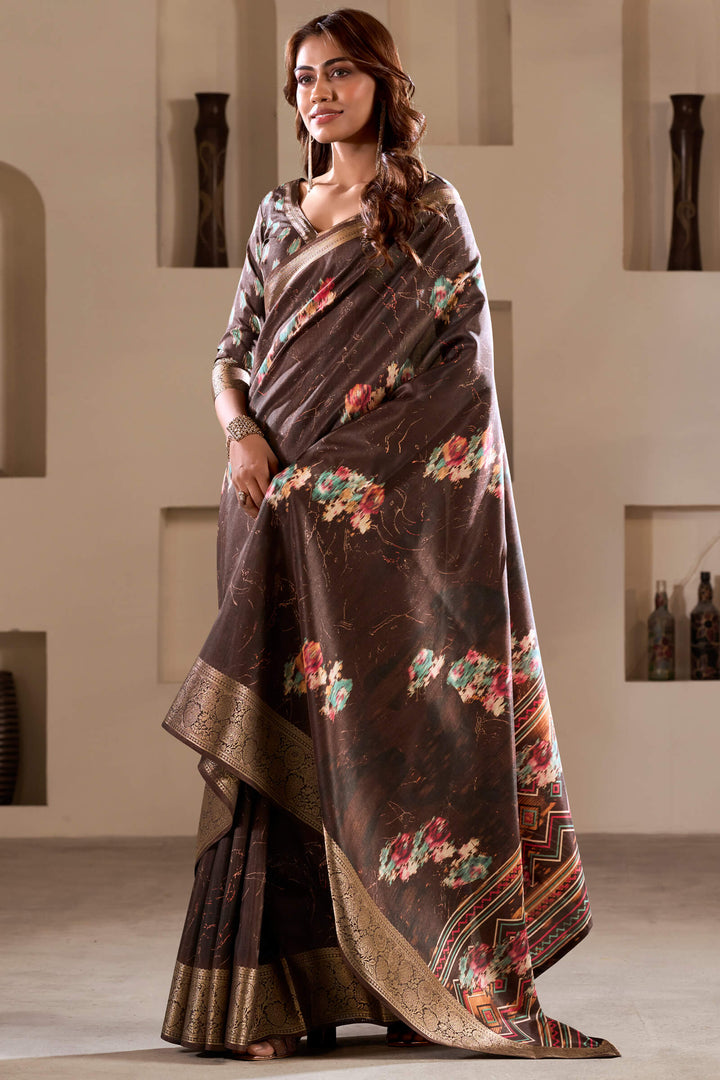 Crater Brown Foil Printed Dola Silk Saree
