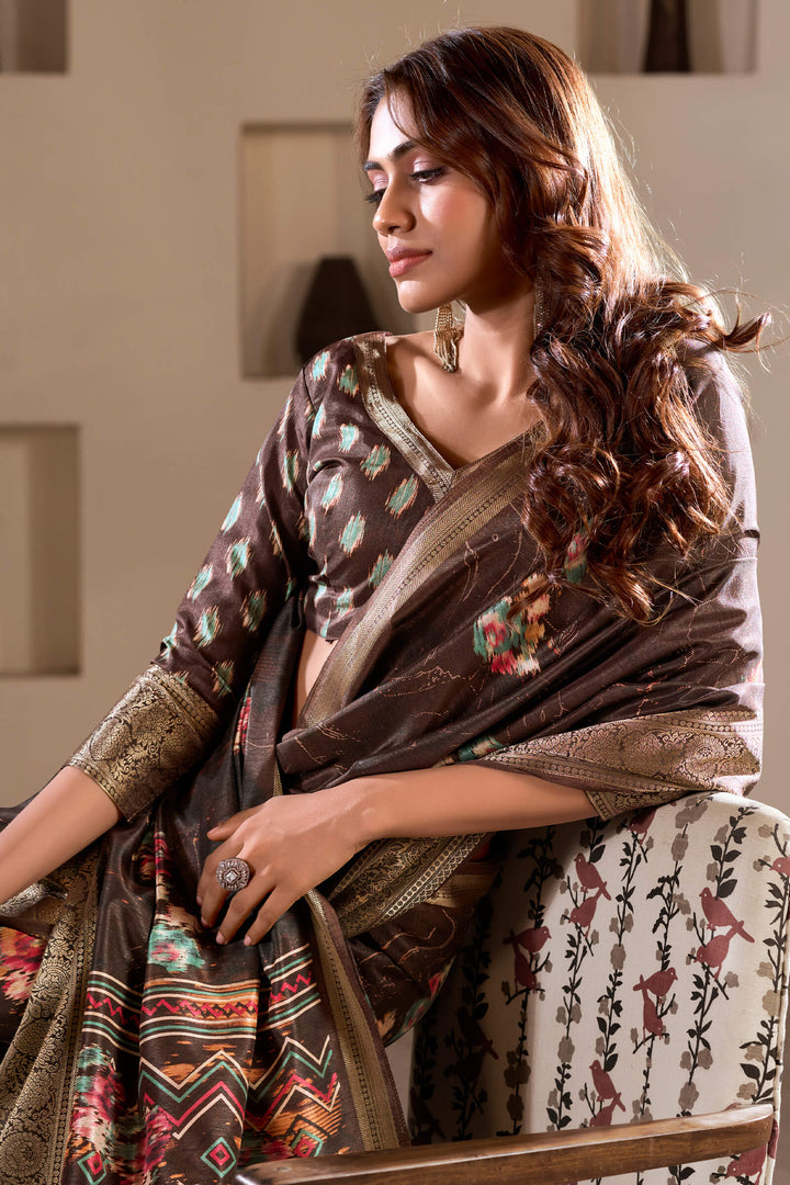 Crater Brown Foil Printed Dola Silk Saree