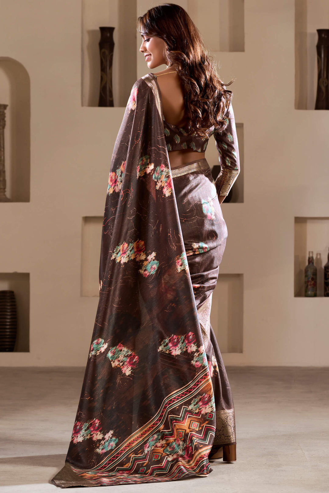 Crater Brown Foil Printed Dola Silk Saree