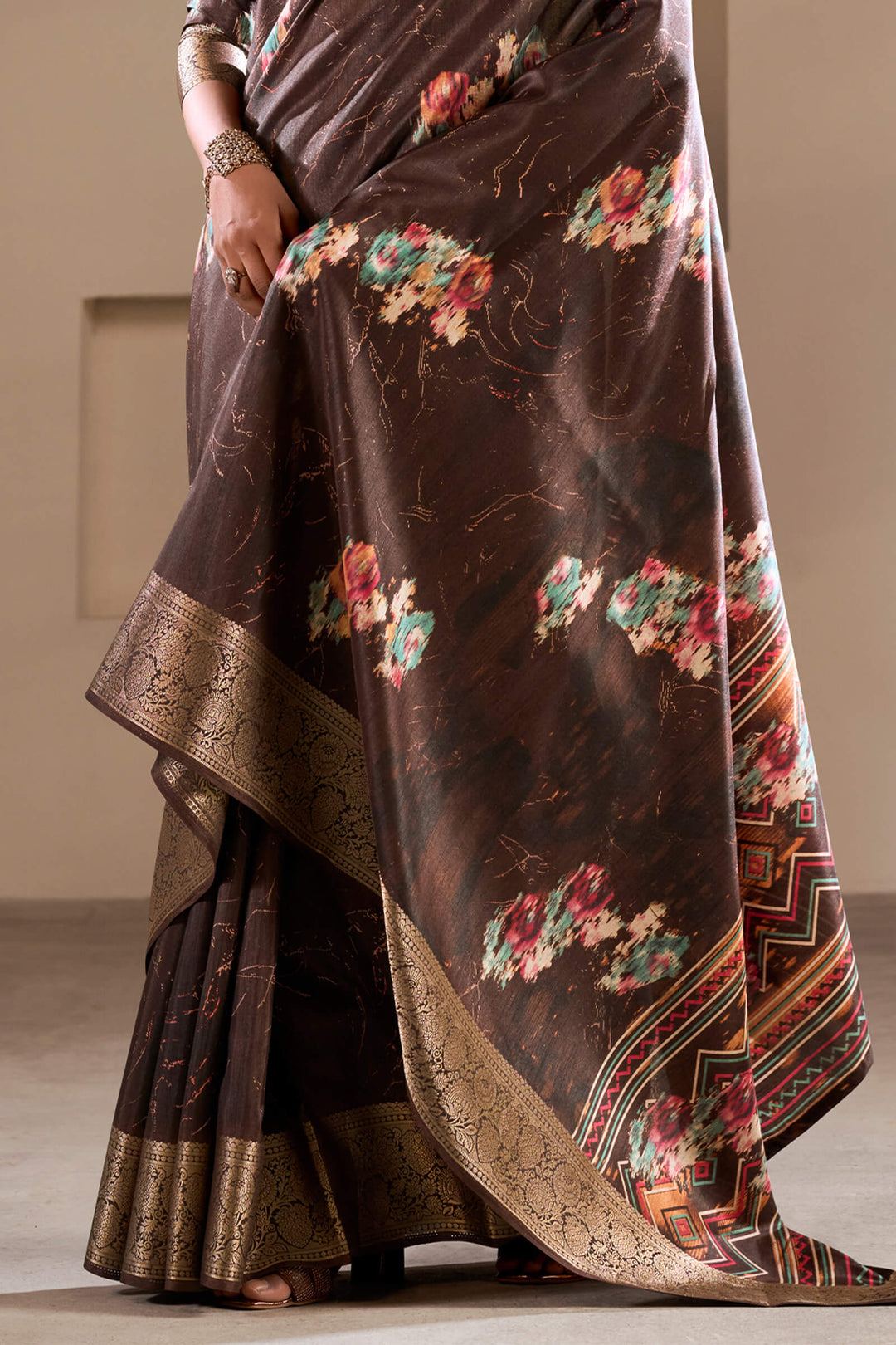 Crater Brown Foil Printed Dola Silk Saree