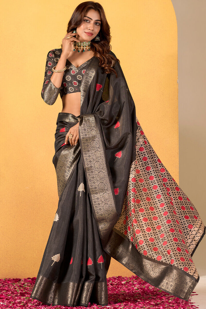 Crater Brown Foil Printed Pure Dola Silk Saree