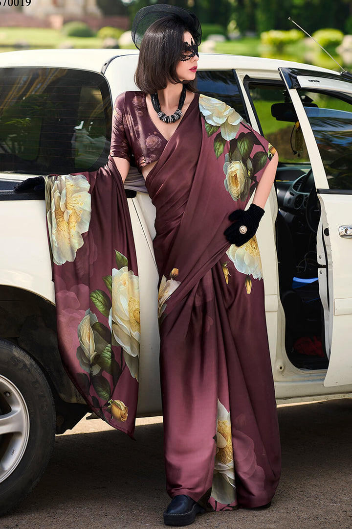 Crater Brown Printed Satin Crepe Silk Saree