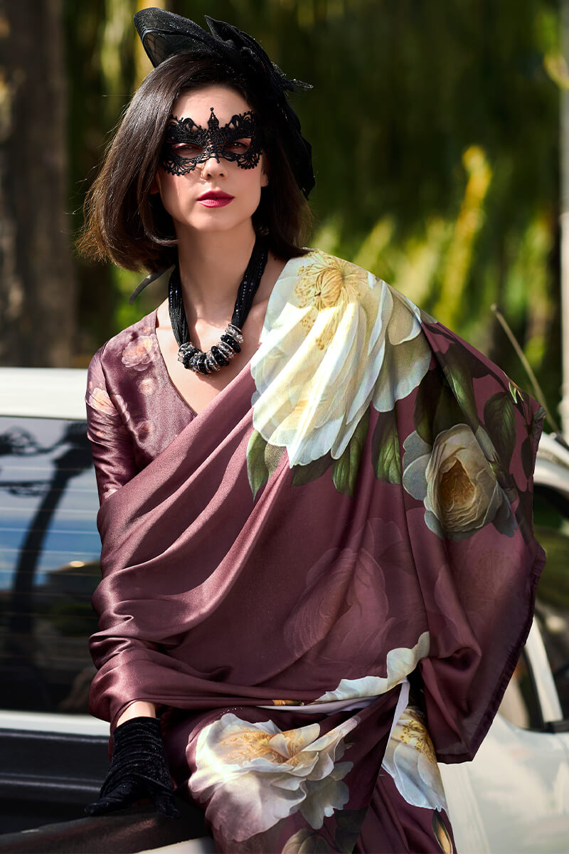 Crater Brown Printed Satin Crepe Silk Saree