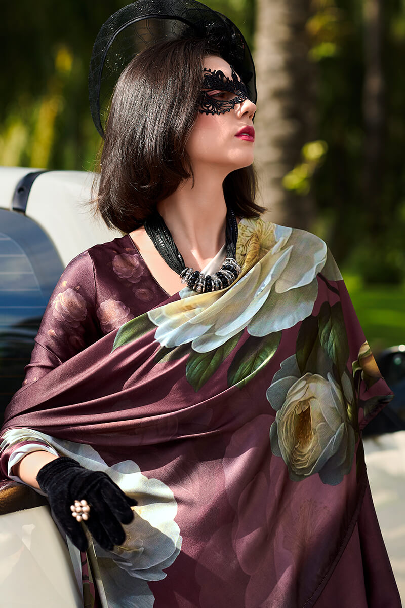 Crater Brown Printed Satin Crepe Silk Saree