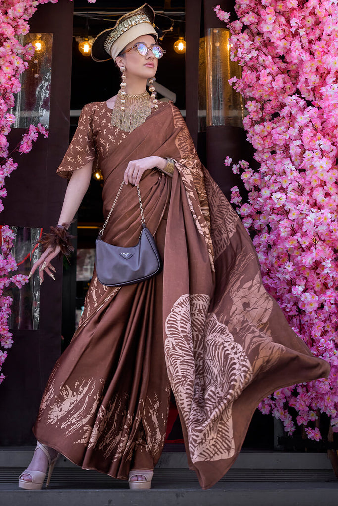 Crater Brown Printed Satin Silk Saree