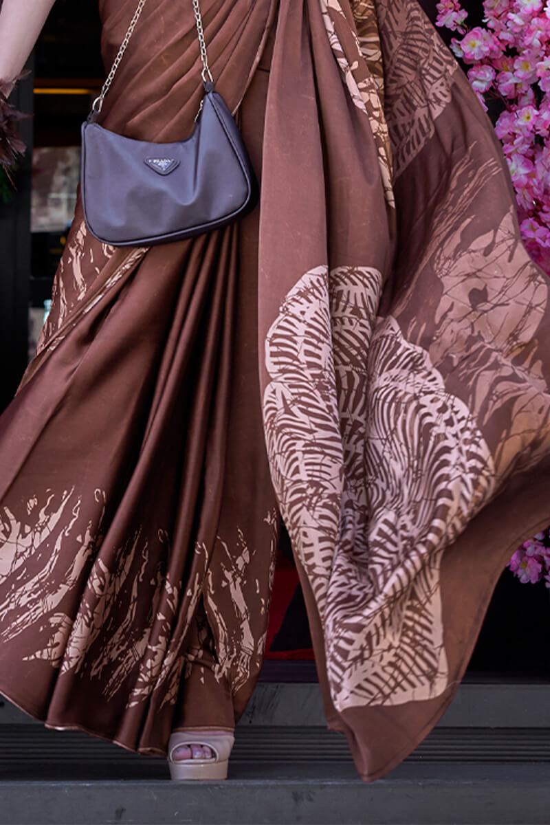 Crater Brown Printed Satin Silk Saree