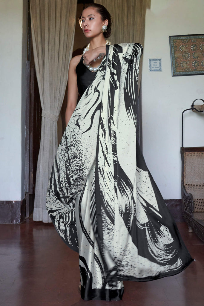 Cream and Black Printed Satin silk Saree