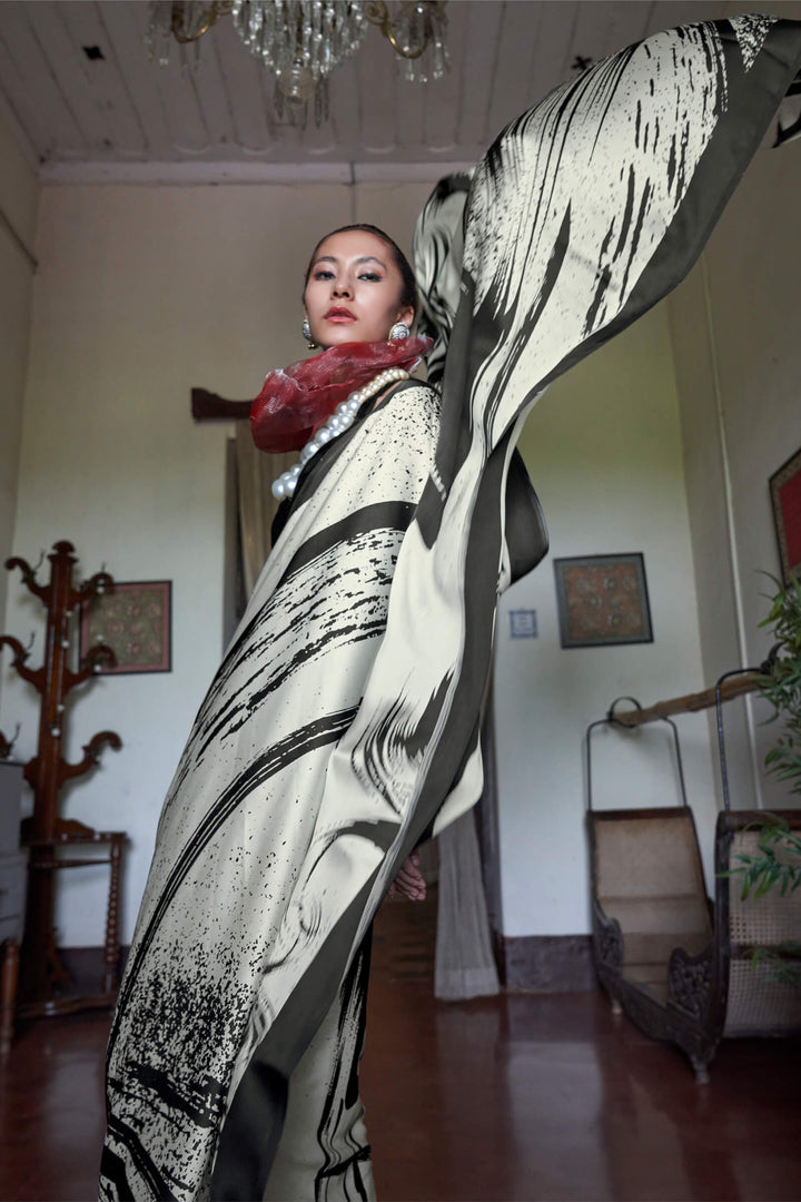 Cream and Black Printed Satin silk Saree