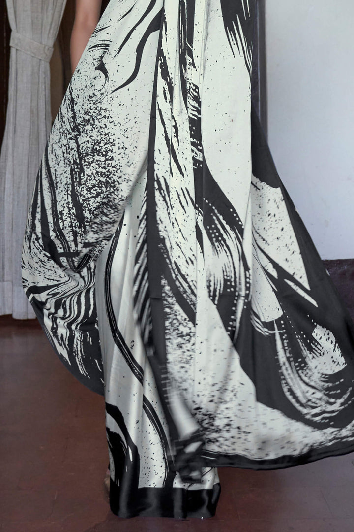 Cream and Black Printed Satin silk Saree
