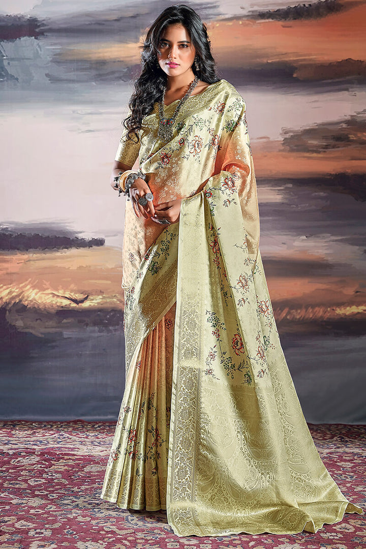 Cream Beige Floral Printed Satin Silk Saree
