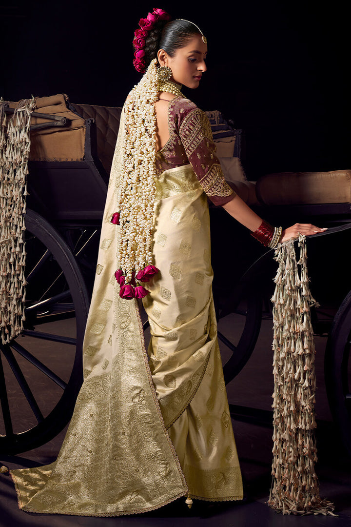 Cream Beige Pure Viscose Tissue Silk Hand Worked Saree