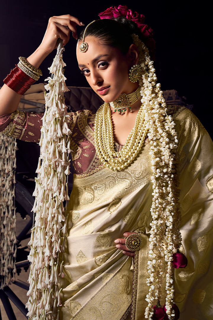 Cream Beige Pure Viscose Tissue Silk Hand Worked Saree