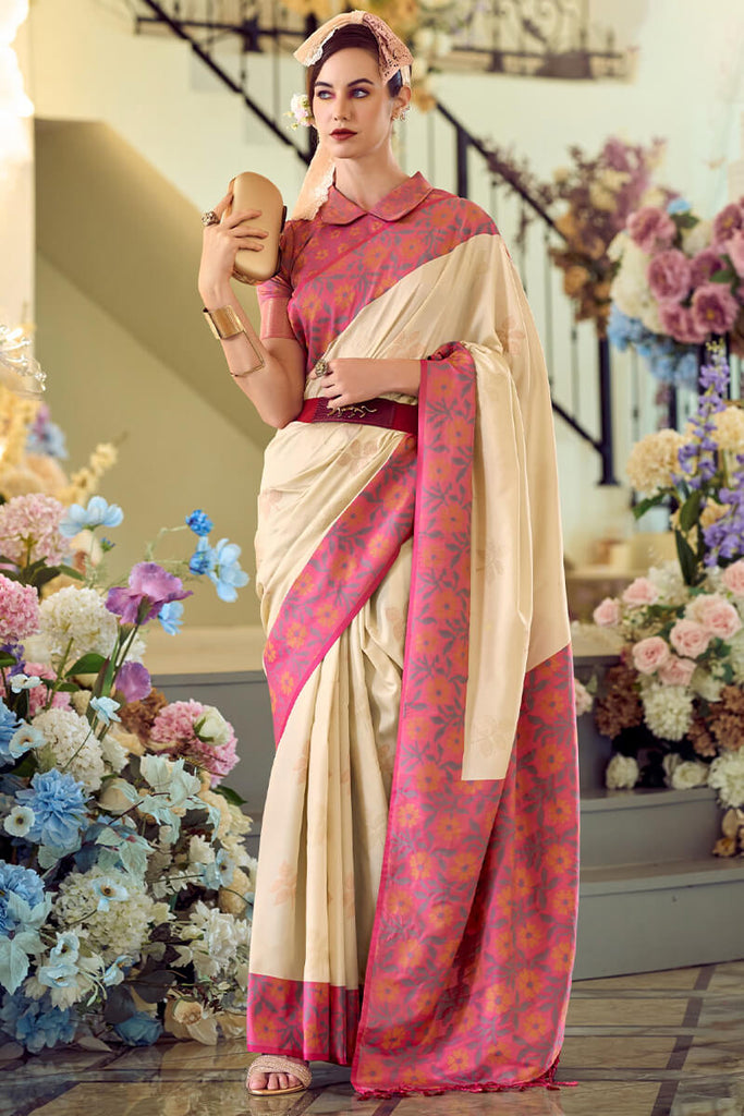 Cream Beige Soft Silk Saree with Ikkat Border