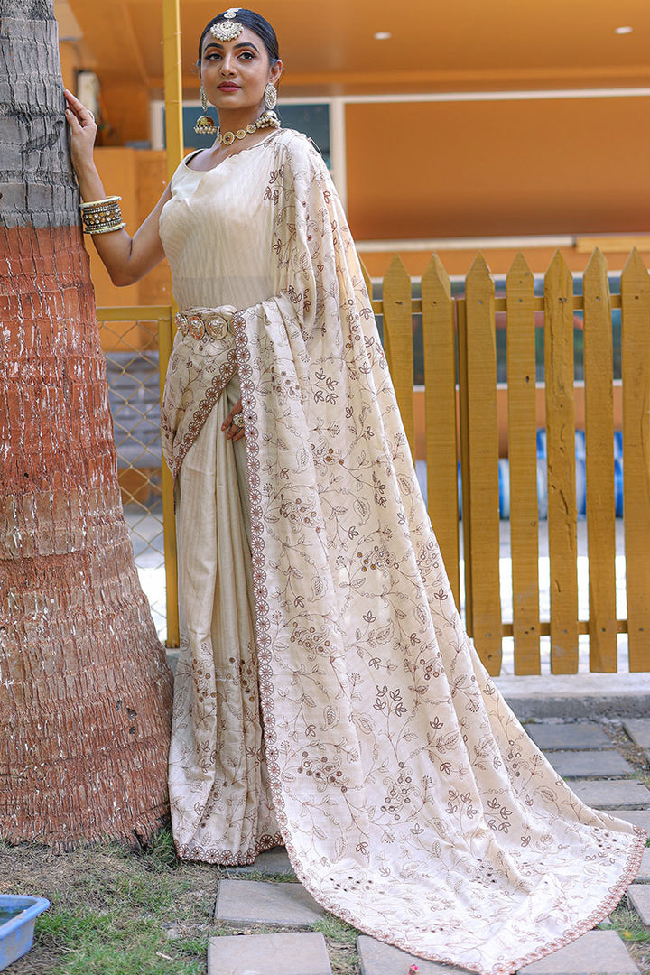 Creamy Beige Embroidered Work Soft Silk Saree