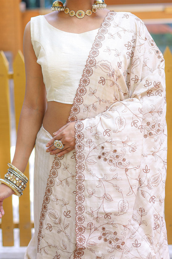 Creamy Beige Embroidered Work Soft Silk Saree