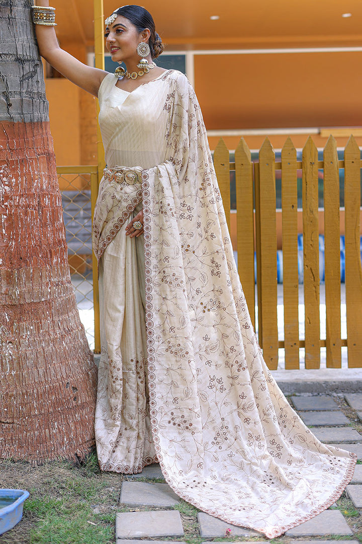 Creamy Beige Embroidered Work Soft Silk Saree