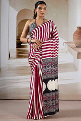 Crimson Maroon Ajrakh Printed Satin Crepe Silk Saree