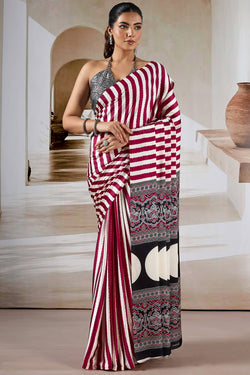 Crimson Maroon Ajrakh Printed Satin Crepe Silk Saree