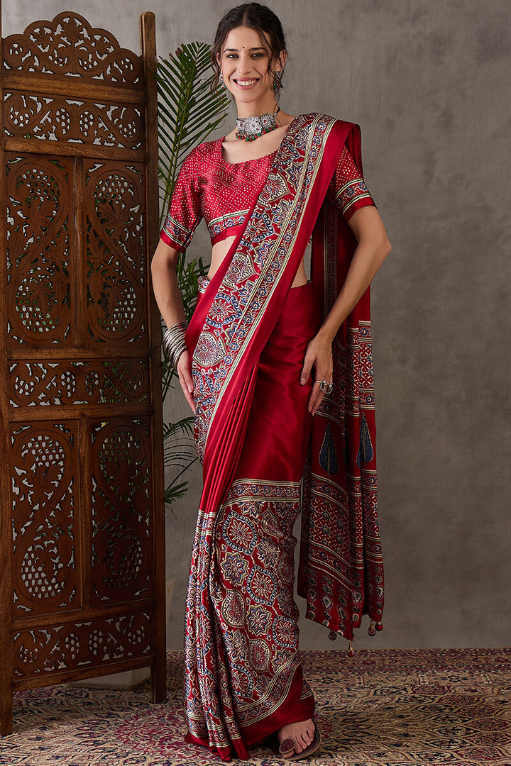 Crimson Red Ajrakh Printed Satin Silk Saree