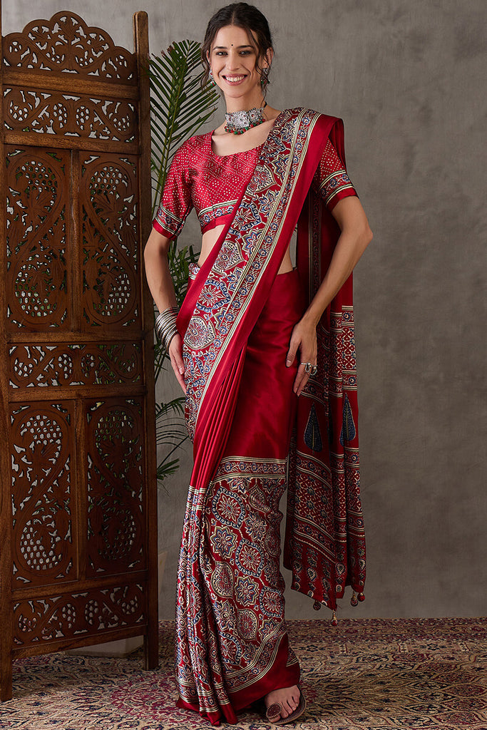 Crimson Red Ajrakh Printed Satin Silk Saree