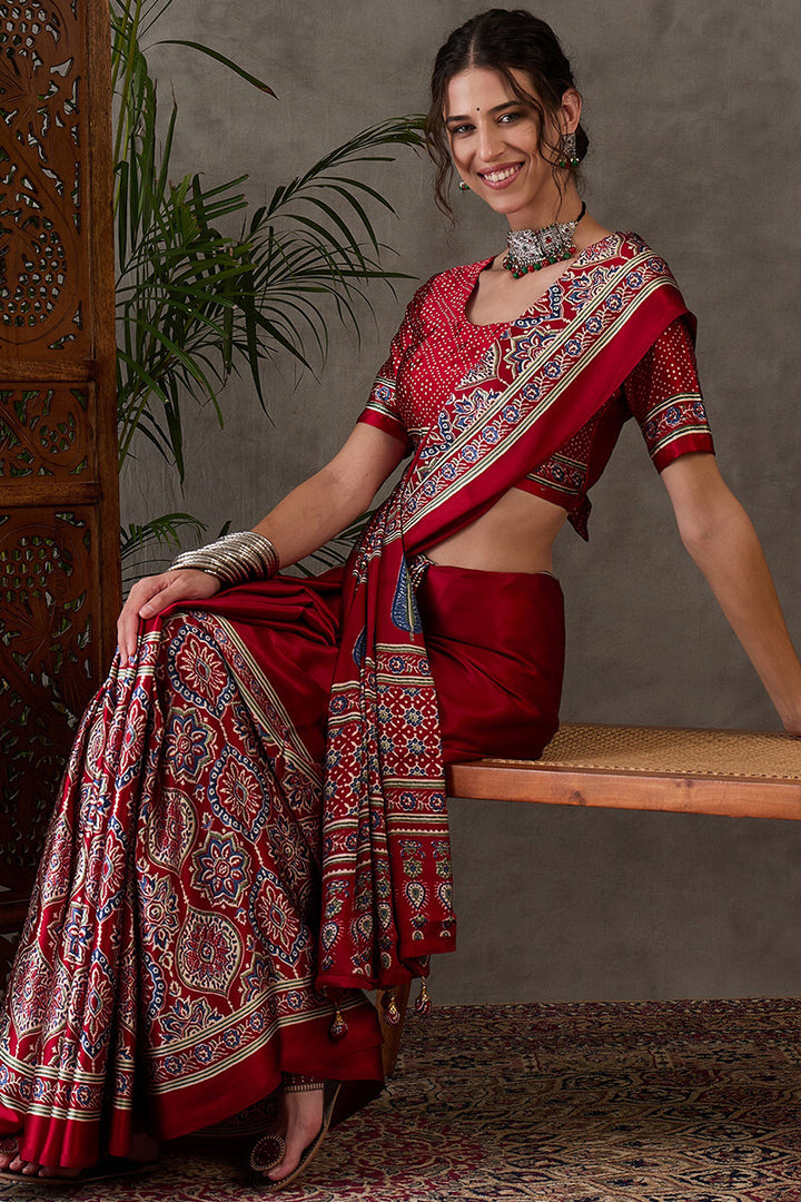 Crimson Red Ajrakh Printed Satin Silk Saree