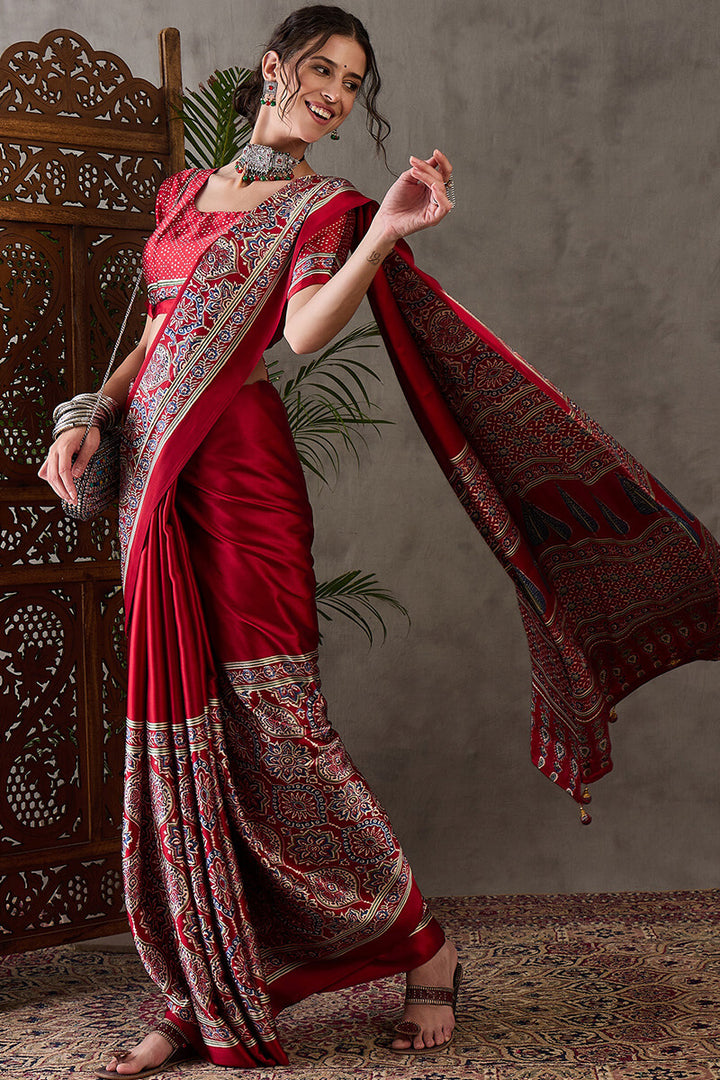 Crimson Red Ajrakh Printed Satin Silk Saree