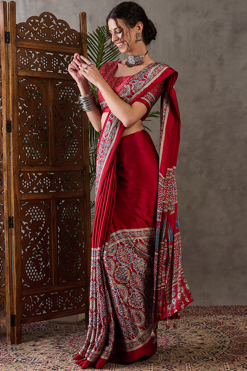 Crimson Red Ajrakh Printed Satin Silk Saree