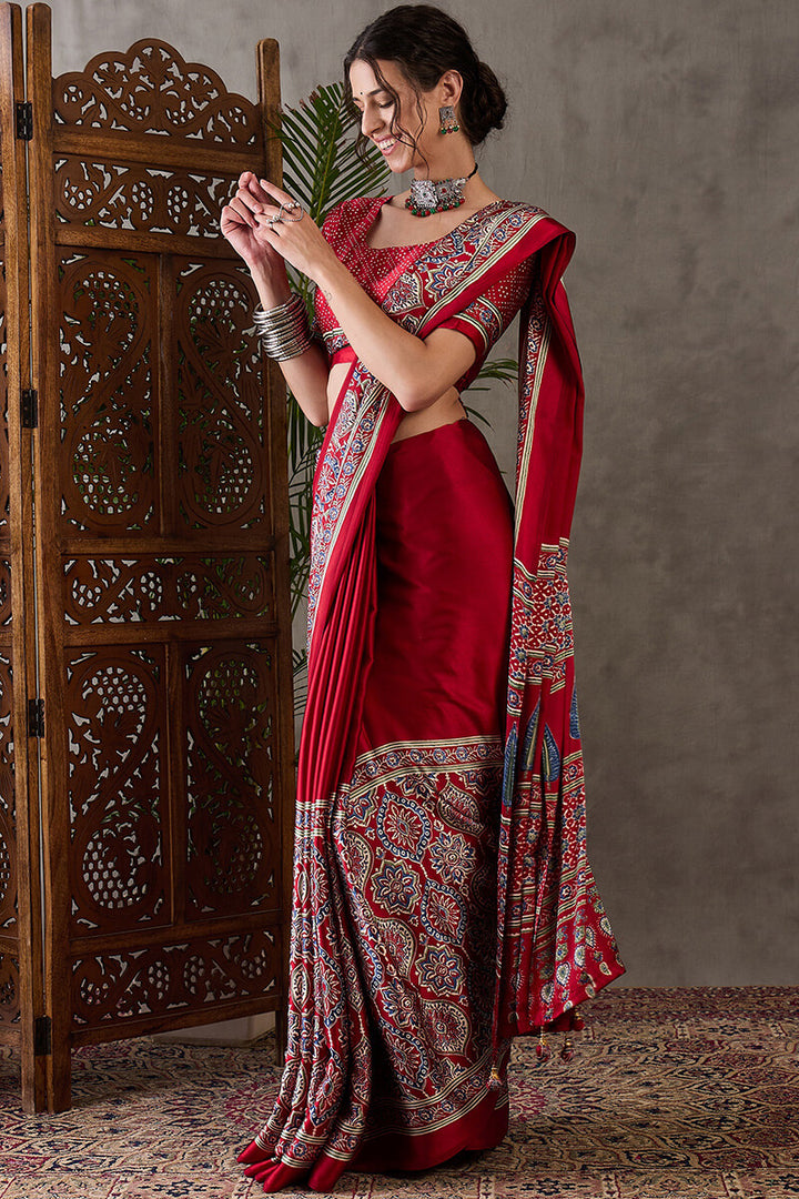 Crimson Red Ajrakh Printed Satin Silk Saree