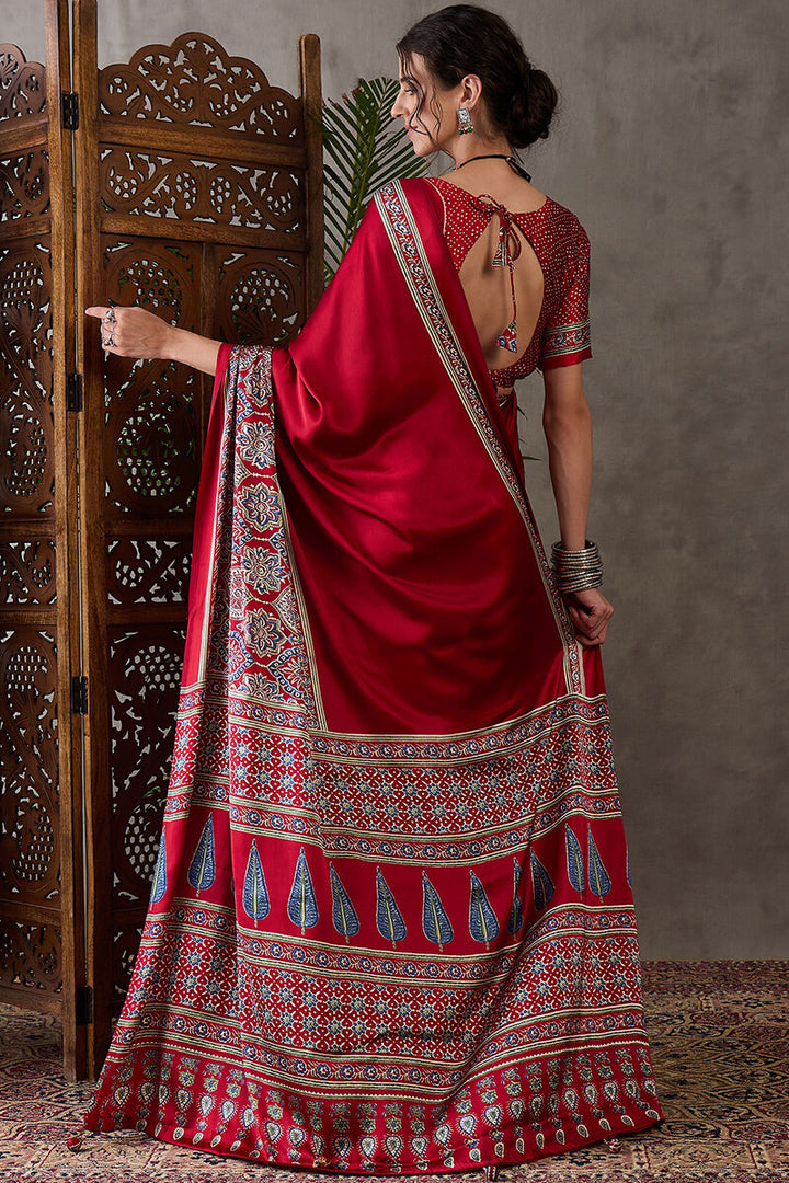 Crimson Red Ajrakh Printed Satin Silk Saree