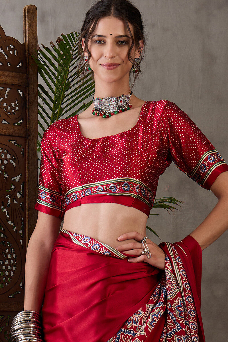 Crimson Red Ajrakh Printed Satin Silk Saree