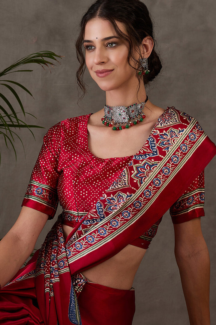 Crimson Red Ajrakh Printed Satin Silk Saree
